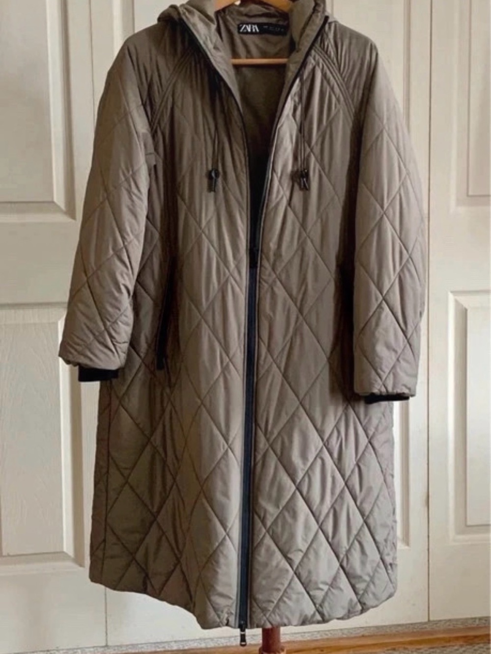 ZARA Quilted Hooded Long Puffer Coat in Taupe